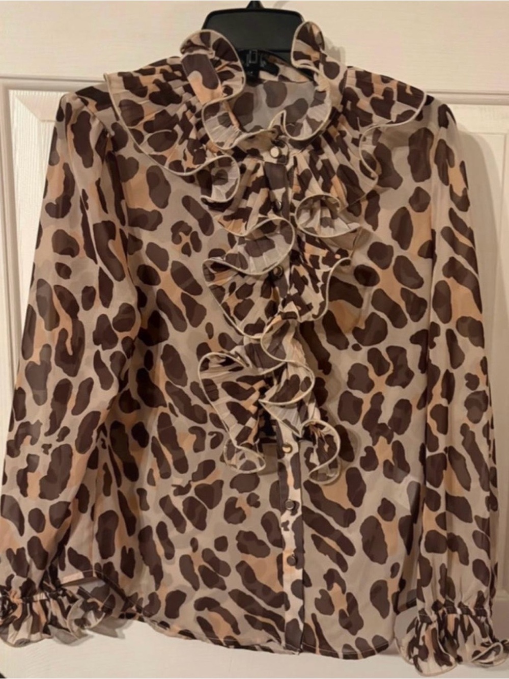 Leopard Print Ruffle Front Blouse - Brown